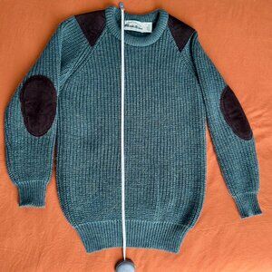 Vintage Aran Crafts Irish Fishermans Ribbed Sweater, 100% Wool w/ Suede Patches